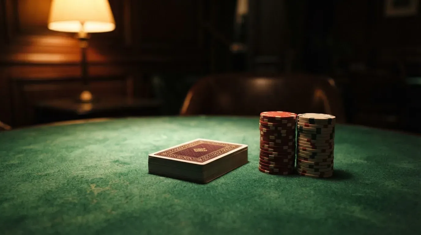 Kortlek och staplar av spelmarker på ett grönt filtbord i en dunkel salong, varmt lampsken — 10 euro casino i sverige