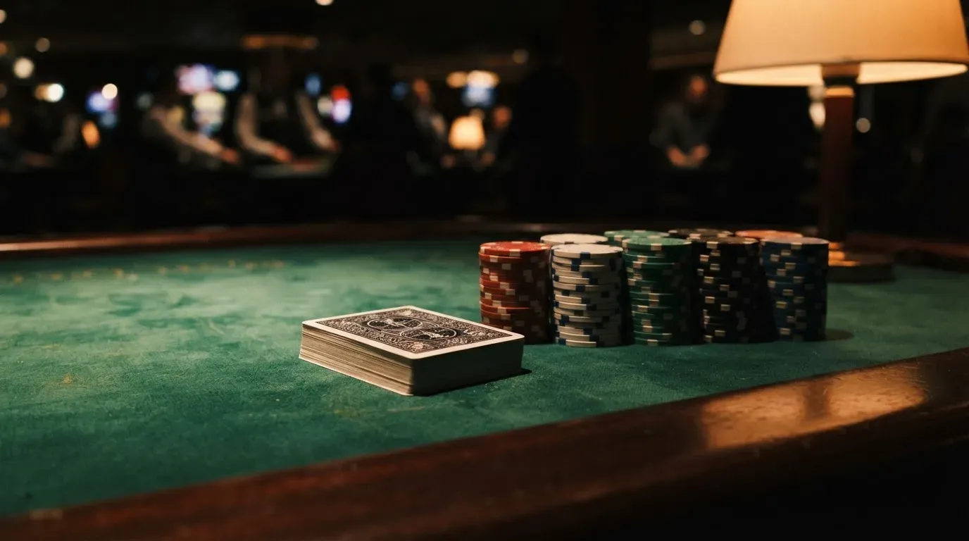 Kortlek och staplar av spelmarker på ett grönt filtbord i en dunkel salong, varmt lampsken — 10 free spins casino i sverige