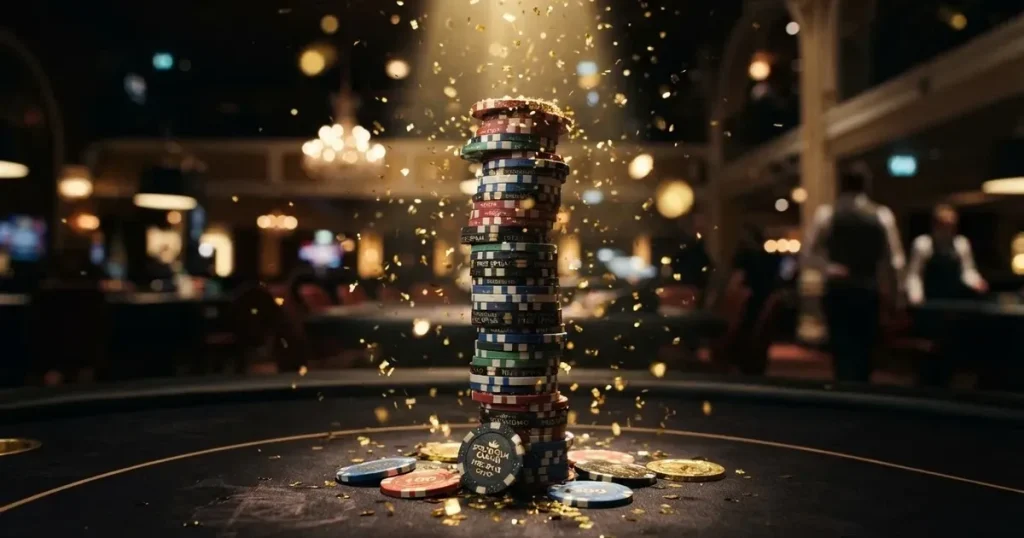 Guldkonfetti faller över spelmarker på ett svart bord, en ljuskägla träffar högens topp — 10 free spins casino i sverige