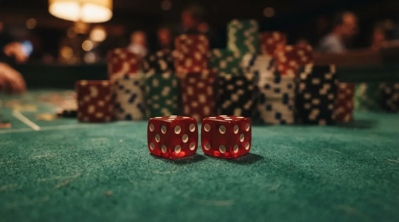 Röda tärningar vilar på grönt filt, bakom dem suddiga torn av spelmarker i kvällsdunklet — 10 kr casino i sverige