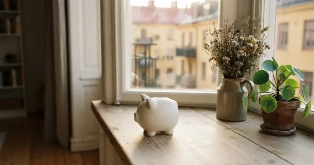 En porslinsgris på fönsterbrädan i morgonljus, bredvid en torkad blombukett och en grön växt — 10 kr casino i sverige