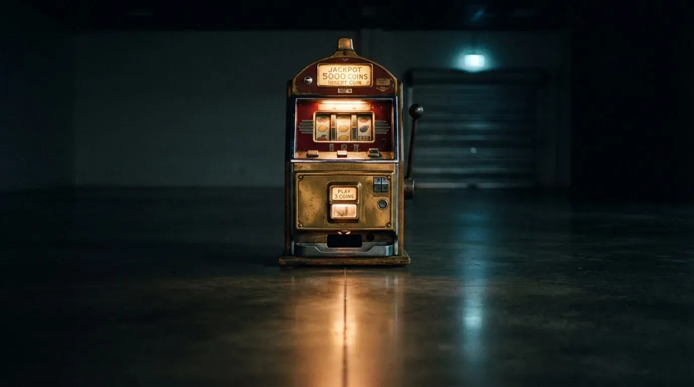 En gammal spelautomat lyser i den dunkla hallen och speglar sig i golvet — 100 free spins casino i sverige