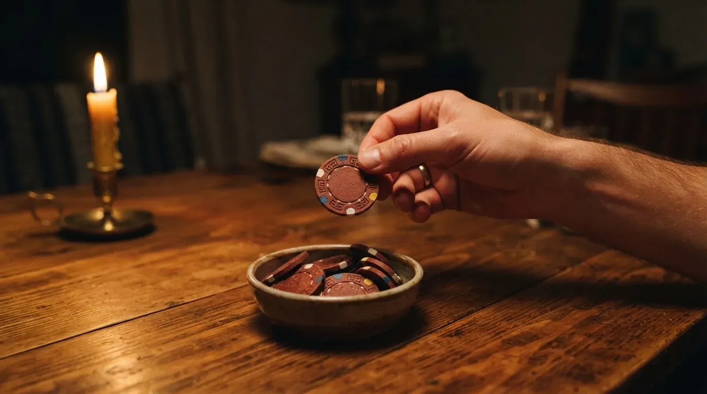 En hand lyfter en spelmark ur en skål, ljuslågan färgar bordet gyllenbrunt — 100 kr casino i sverige