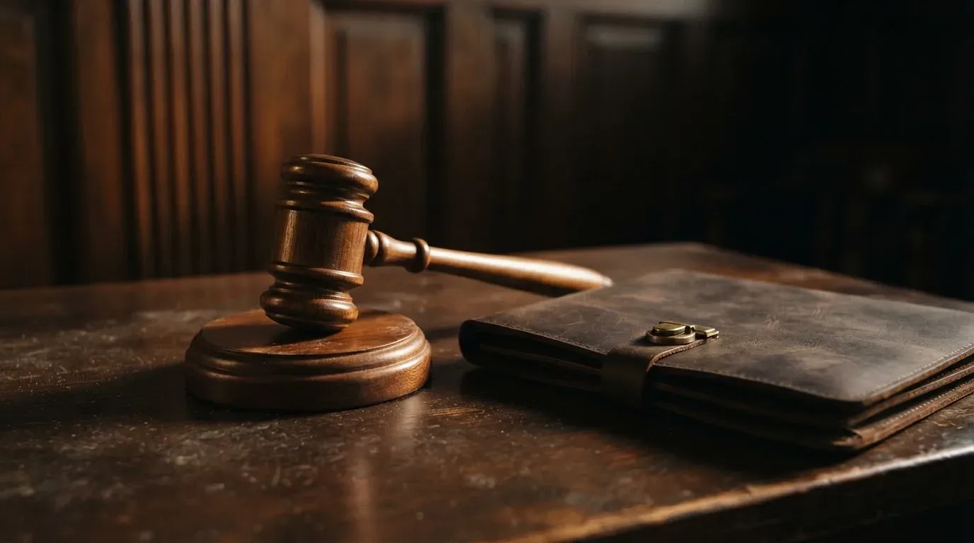 En domarklubba bredvid en sluten läderpärm på ett mörkt bord, ekpanel bakom — 100 kr casino i sverige