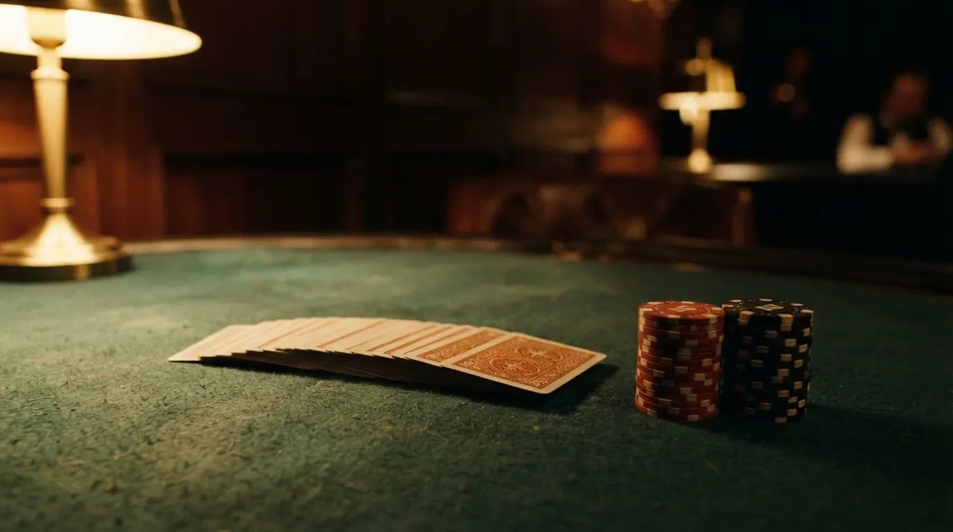 Kortlek och staplar av spelmarker på ett grönt filtbord i en dunkel salong, varmt lampsken — 150 free spins casino i sverige