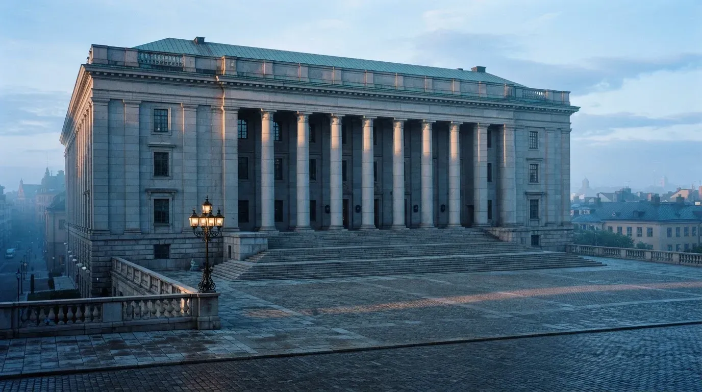 Stenfasad på en statlig byggnad i Stockholm vid gryning, höga pelare och ett tomt torg framför — 150 free spins casino i sverige