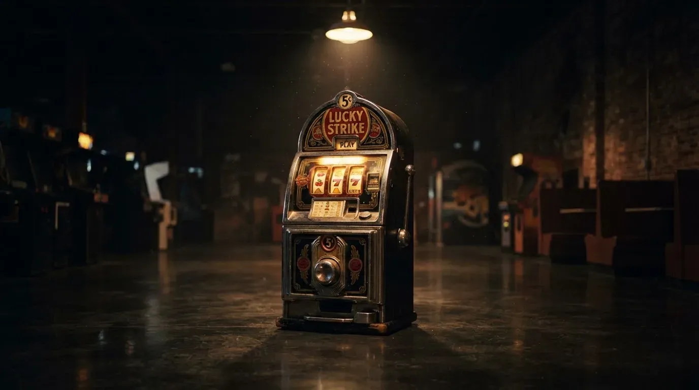 En gammal spelautomat lyser i den dunkla hallen och speglar sig i golvet — 150 kr casino i sverige