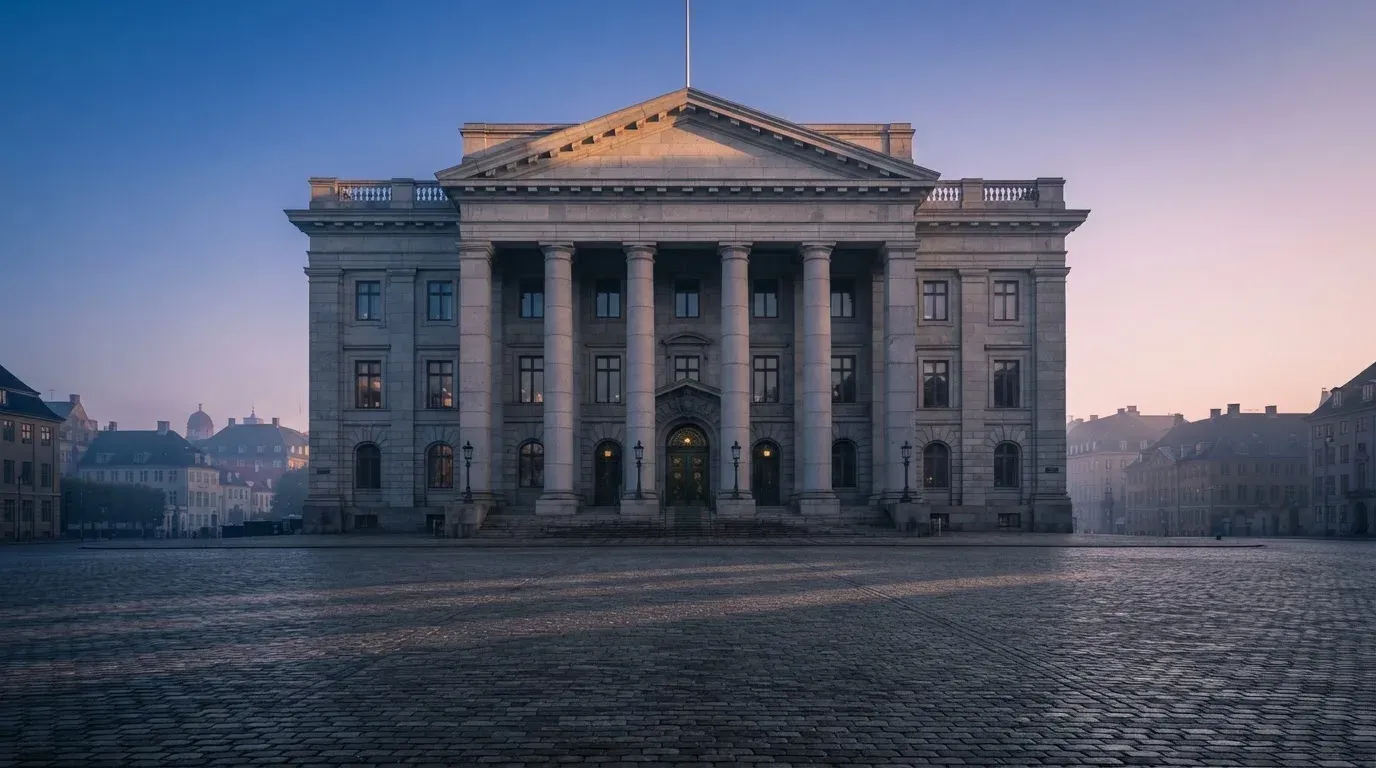 Stenfasad på en statlig byggnad i Stockholm vid gryning, höga pelare och ett tomt torg framför — 150 kr casino i sverige