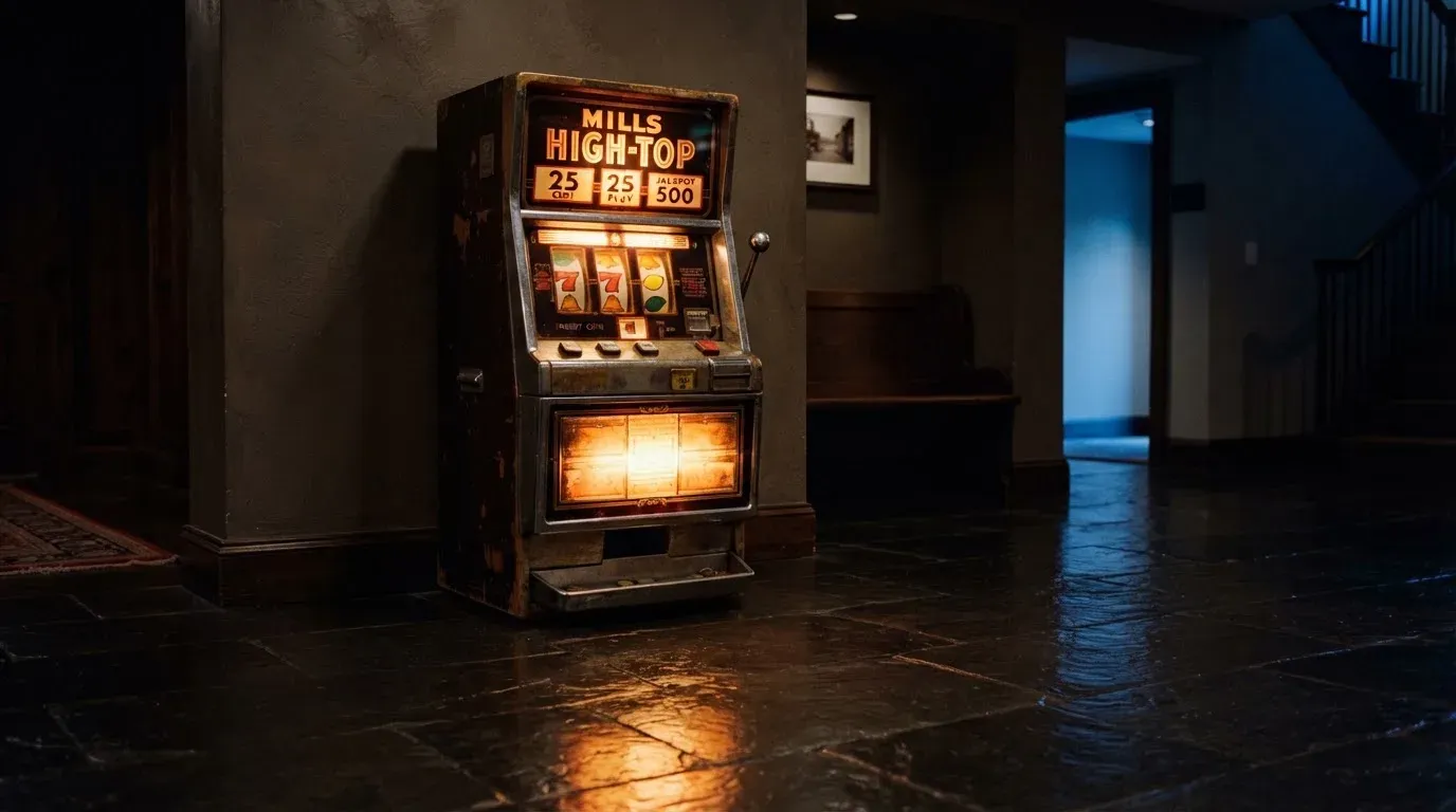 En gammal spelautomat lyser i den dunkla hallen och speglar sig i golvet — 20 euro casino i sverige