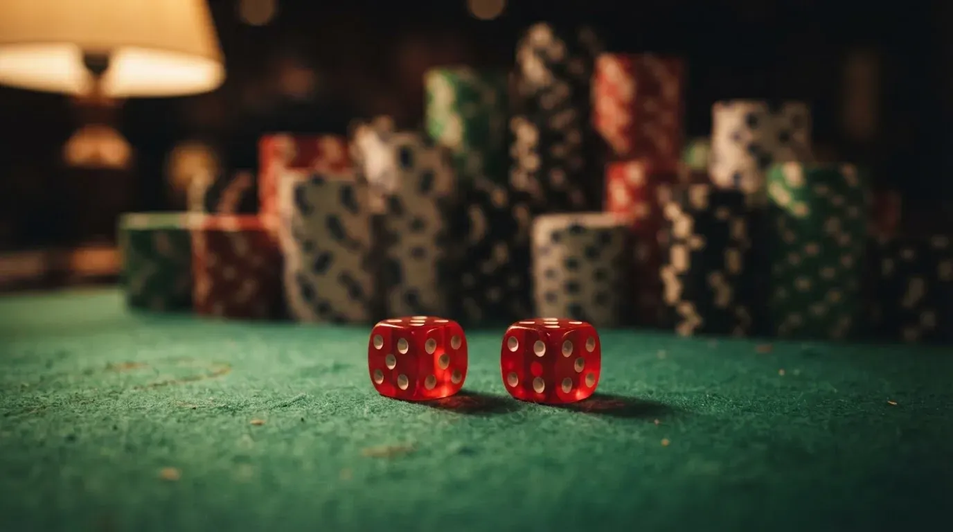 Röda tärningar vilar på grönt filt, bakom dem suddiga torn av spelmarker i kvällsdunklet — 20 free spins casino i sverige