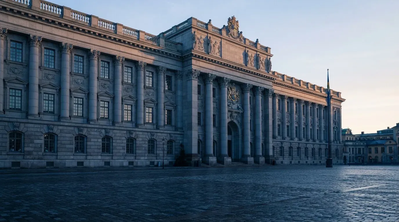 Stenfasad på en statlig byggnad i Stockholm vid gryning, höga pelare och ett tomt torg framför — 200 free spins casino i sverige