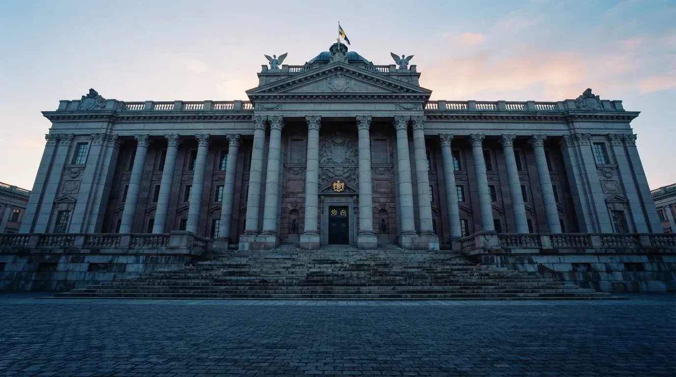 Stenfasad på en statlig byggnad i Stockholm vid gryning, höga pelare och ett tomt torg framför — 200 kr casino i sverige
