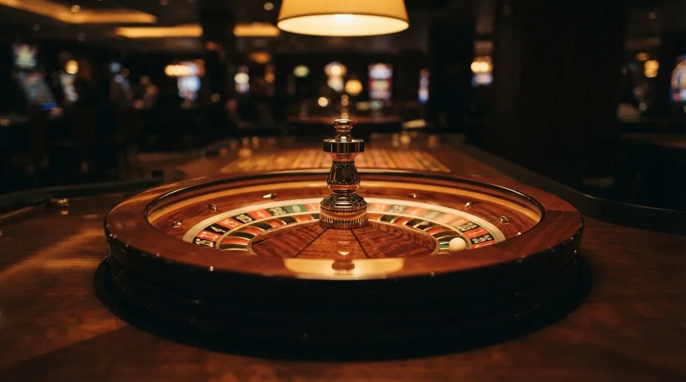 Ett roulettehjul snurrar på ett blankt träbord, den vita kulan glimmar i takljusets guld — 40 free spins casino i sverige
