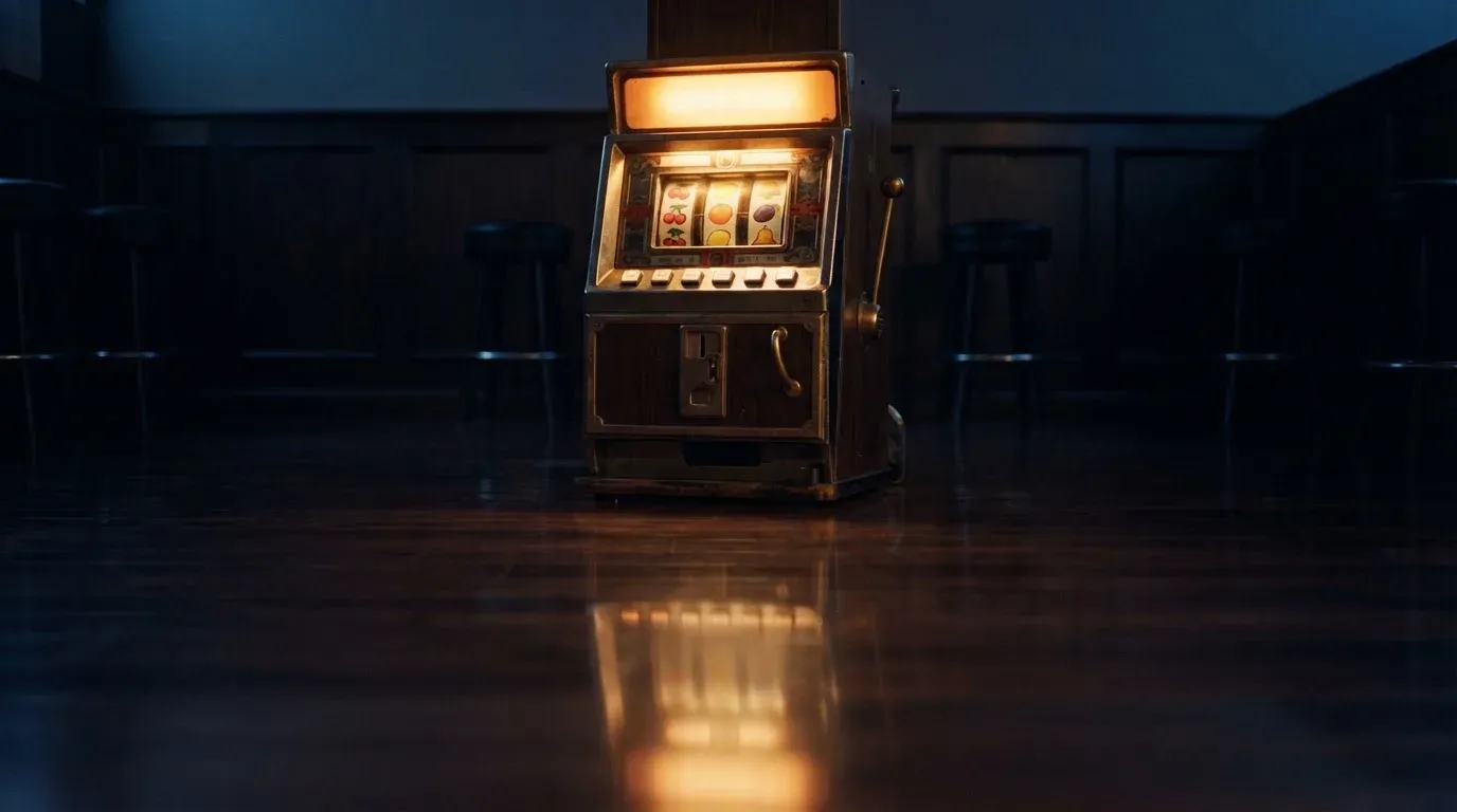 En gammal spelautomat lyser i den dunkla hallen och speglar sig i golvet — 5 euro casino i sverige
