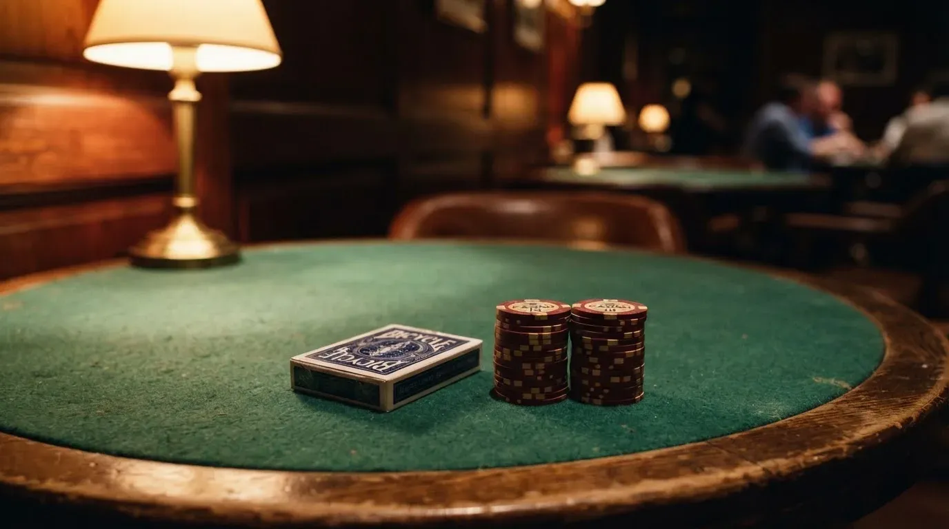 Kortlek och staplar av spelmarker på ett grönt filtbord i en dunkel salong, varmt lampsken — 50 euro casino i sverige