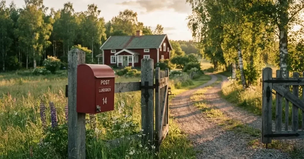 En röd brevlåda vid grinden till en lantgård en sommarkväll, daggigt gräs och långa skuggor — 50 kr casino i sverige