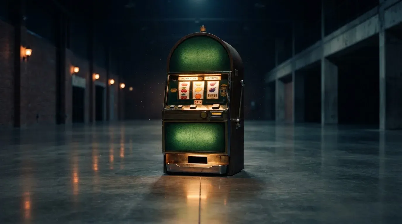 En gammal spelautomat lyser i den dunkla hallen och speglar sig i golvet — bästa kasino i sverige