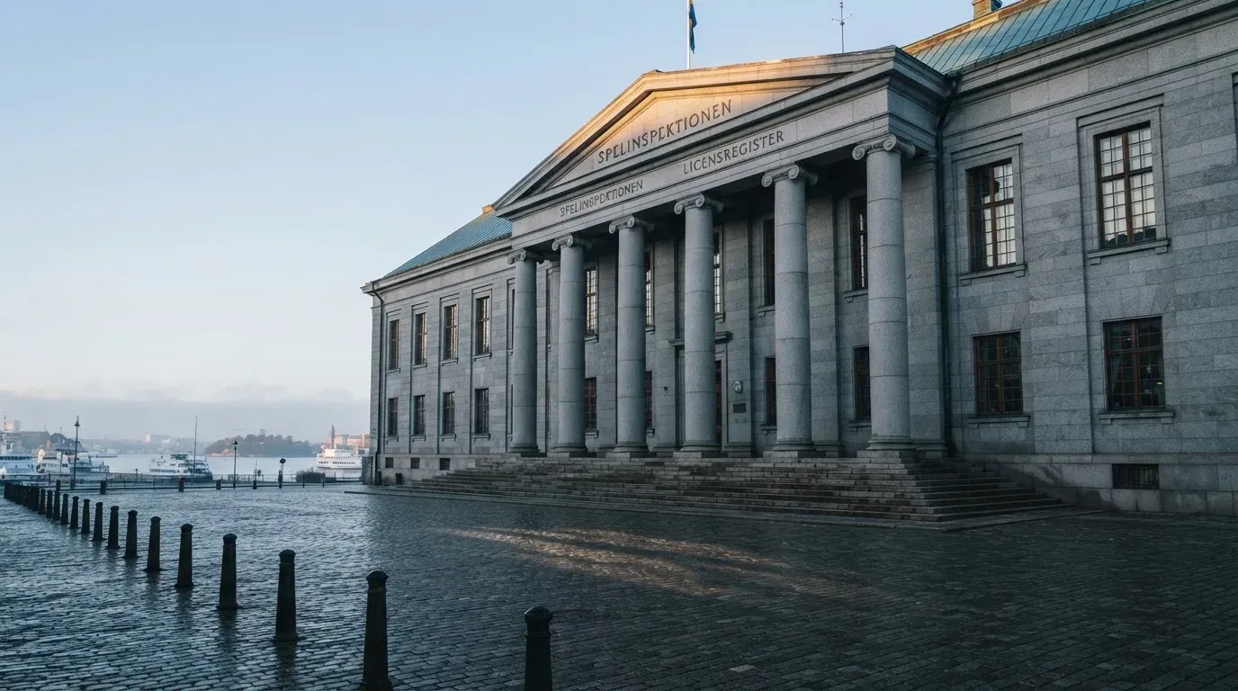 Stenfasad på en statlig byggnad i Stockholm vid gryning, höga pelare och ett tomt torg framför — bästa kasino i sverige