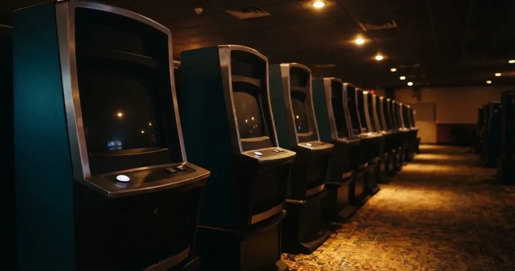Rader av tomma spelautomater med släckta skärmar står uppställda i ett dimmat rum, fotograferat snett från sidan.