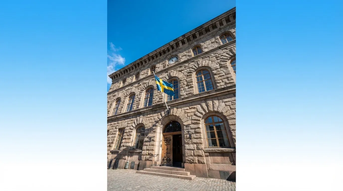 Ett gammalt stadshus i sten fotograferat underifrån mot en klarblå himmel, med den svenska flaggan som fladdrar ovanför entrén.