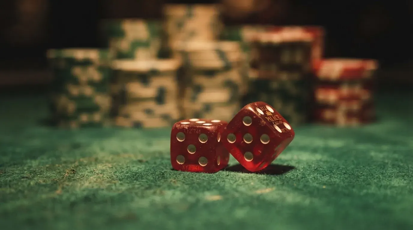 Röda tärningar vilar på grönt filt, bakom dem suddiga torn av spelmarker i kvällsdunklet — betala på casino i sverige
