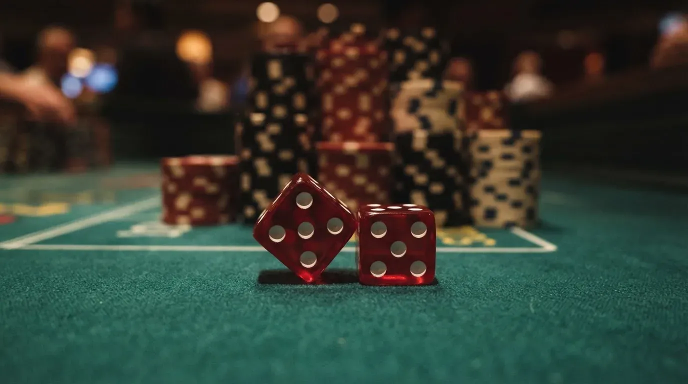 Röda tärningar vilar på grönt filt, bakom dem suddiga torn av spelmarker i kvällsdunklet — blackjack gratis i sverige