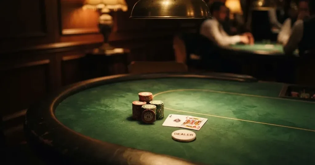 Ett ovalt pokerbord under en lågt hängande lampa, med spelmarker och en vit bricka i ljuset — blackjack med live dealer i sverige