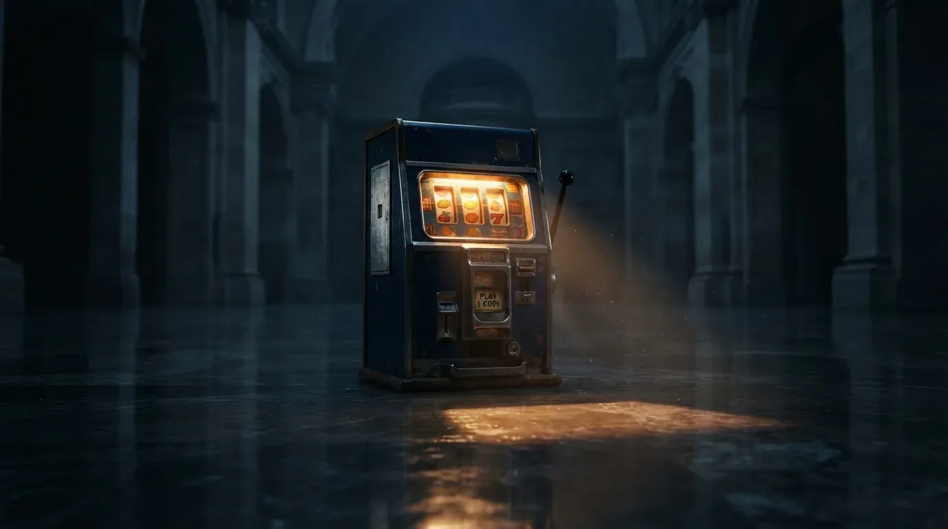 En gammal spelautomat lyser i den dunkla hallen och speglar sig i golvet — blackjack på nätet i sverige