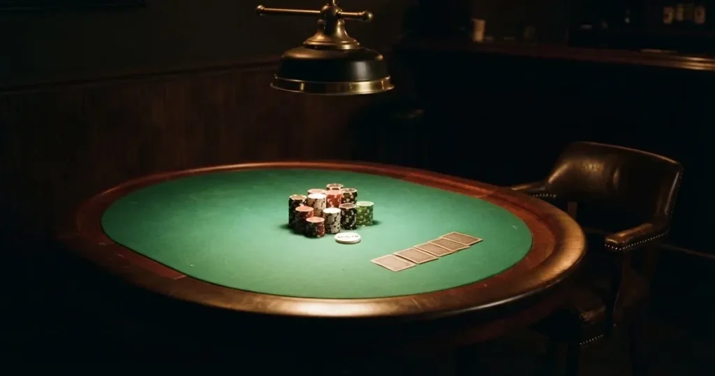 Ett ovalt pokerbord under en lågt hängande lampa, med spelmarker och en vit bricka i ljuset — blackjack på nätet i sverige