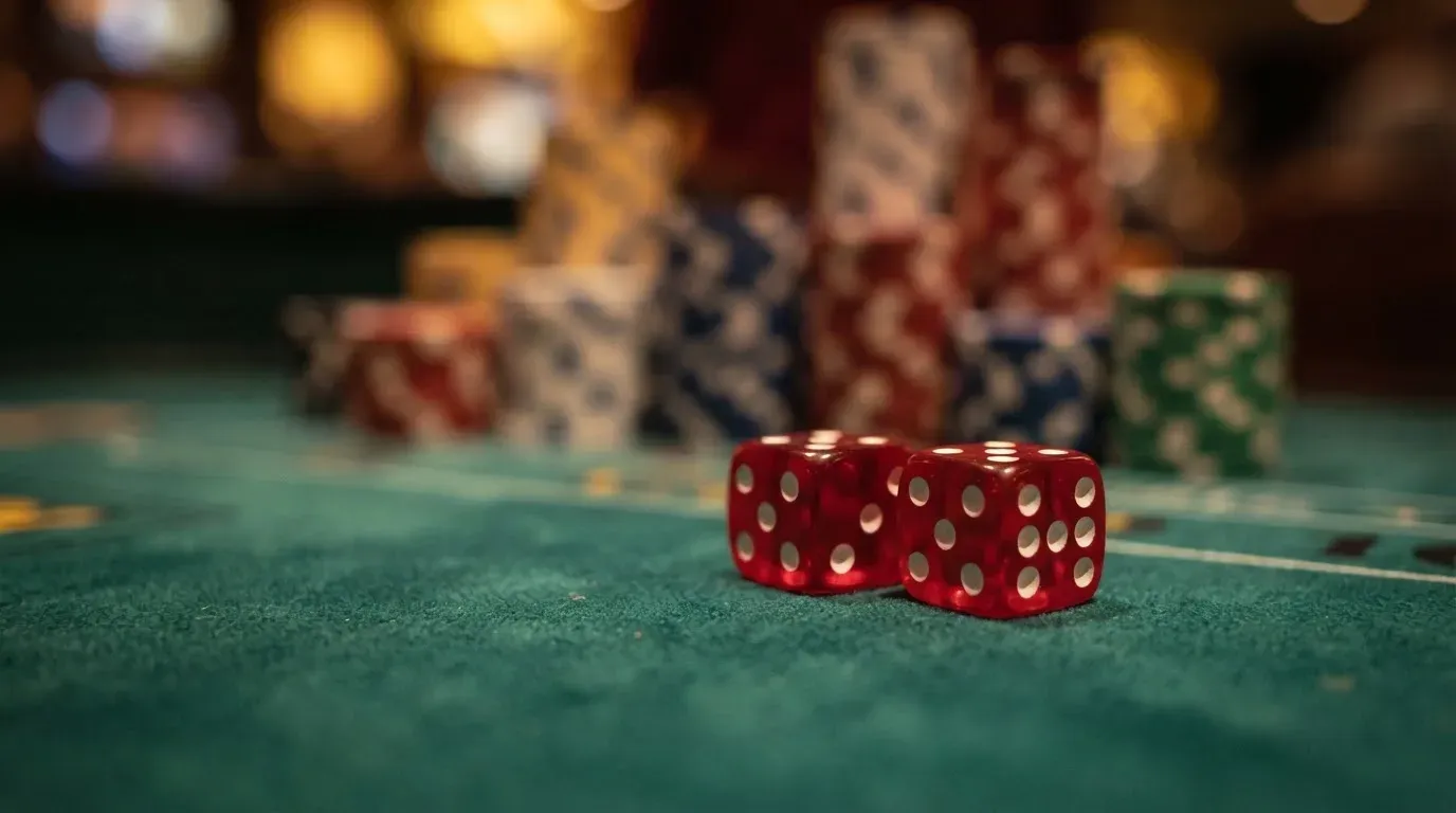 Röda tärningar vilar på grönt filt, bakom dem suddiga torn av spelmarker i kvällsdunklet — bra svenska casinon