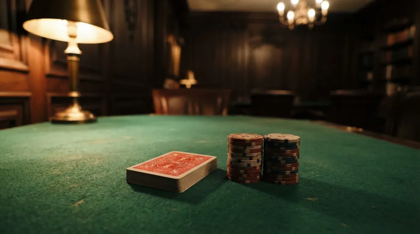 Kortlek och staplar av spelmarker på ett grönt filtbord i en dunkel salong, varmt lampsken — cashback på casino i sverige