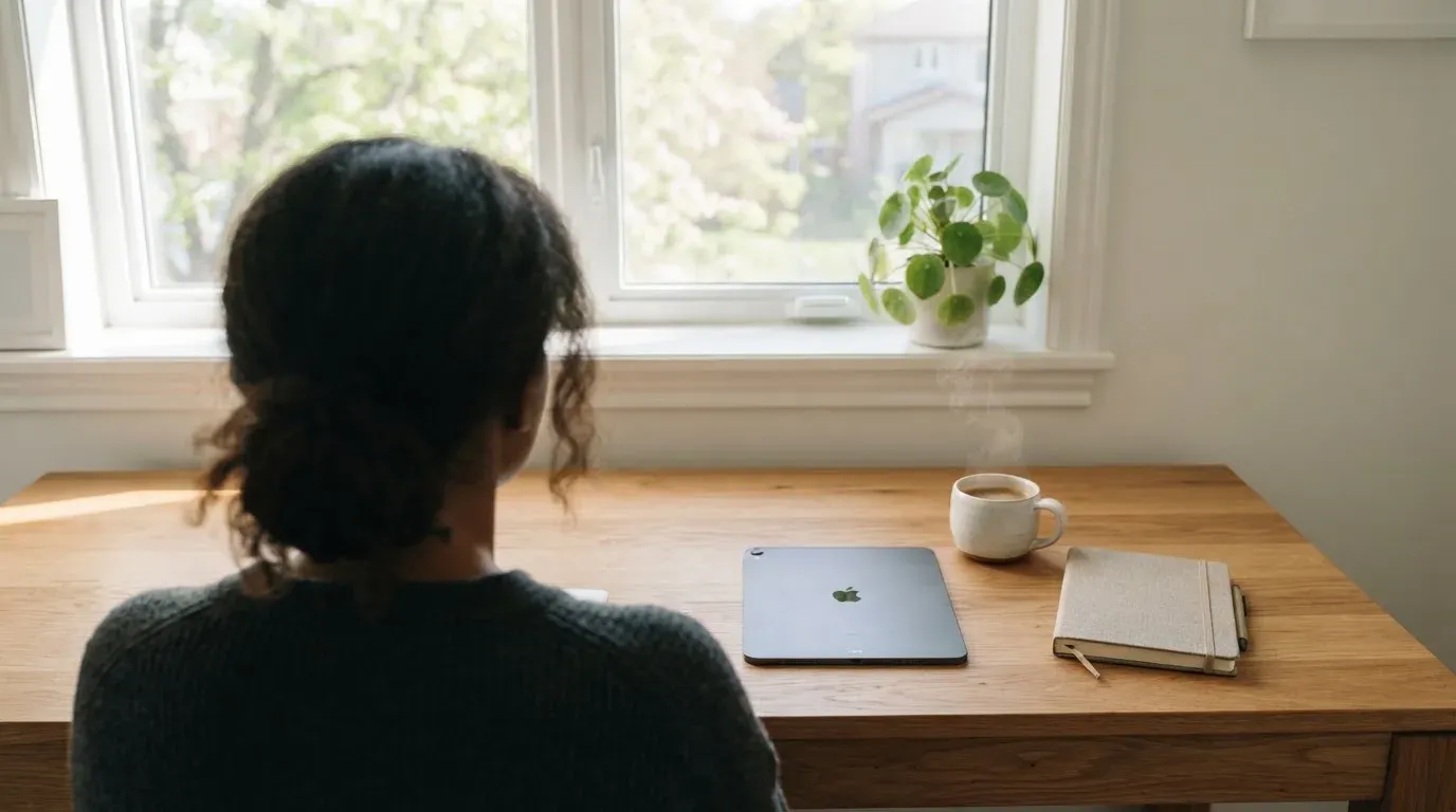 En person sitter vid ett skrivbord hemma med en surfplatta nedvänd bredvid en kopp kaffe i morgonljus.