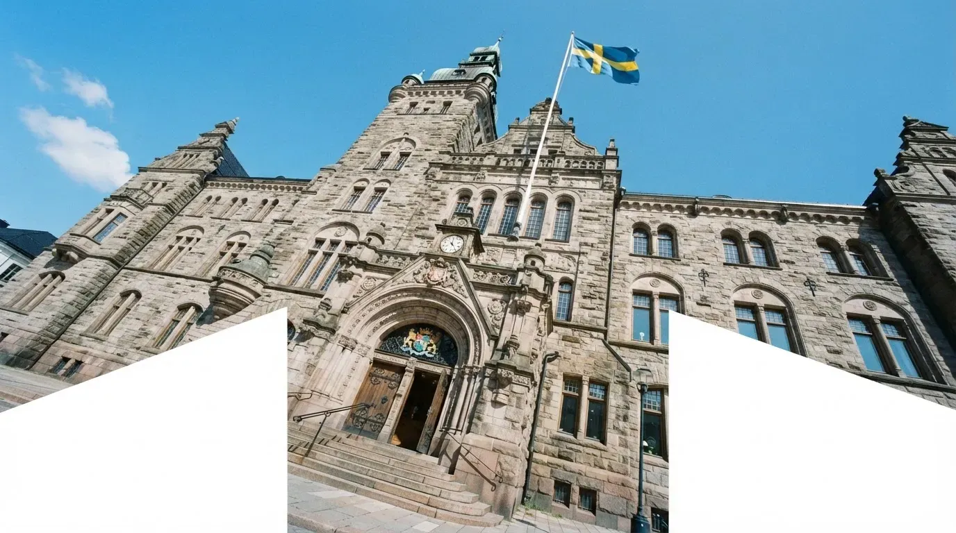 Ett gammalt stadshus i sten fotograferat underifrån mot en klarblå himmel, med den svenska flaggan som fladdrar ovanför entrén.
