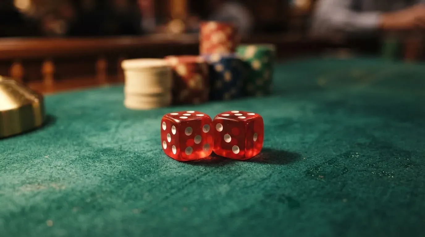 Röda tärningar vilar på grönt filt, bakom dem suddiga torn av spelmarker i kvällsdunklet — casino erbjudanden i sverige