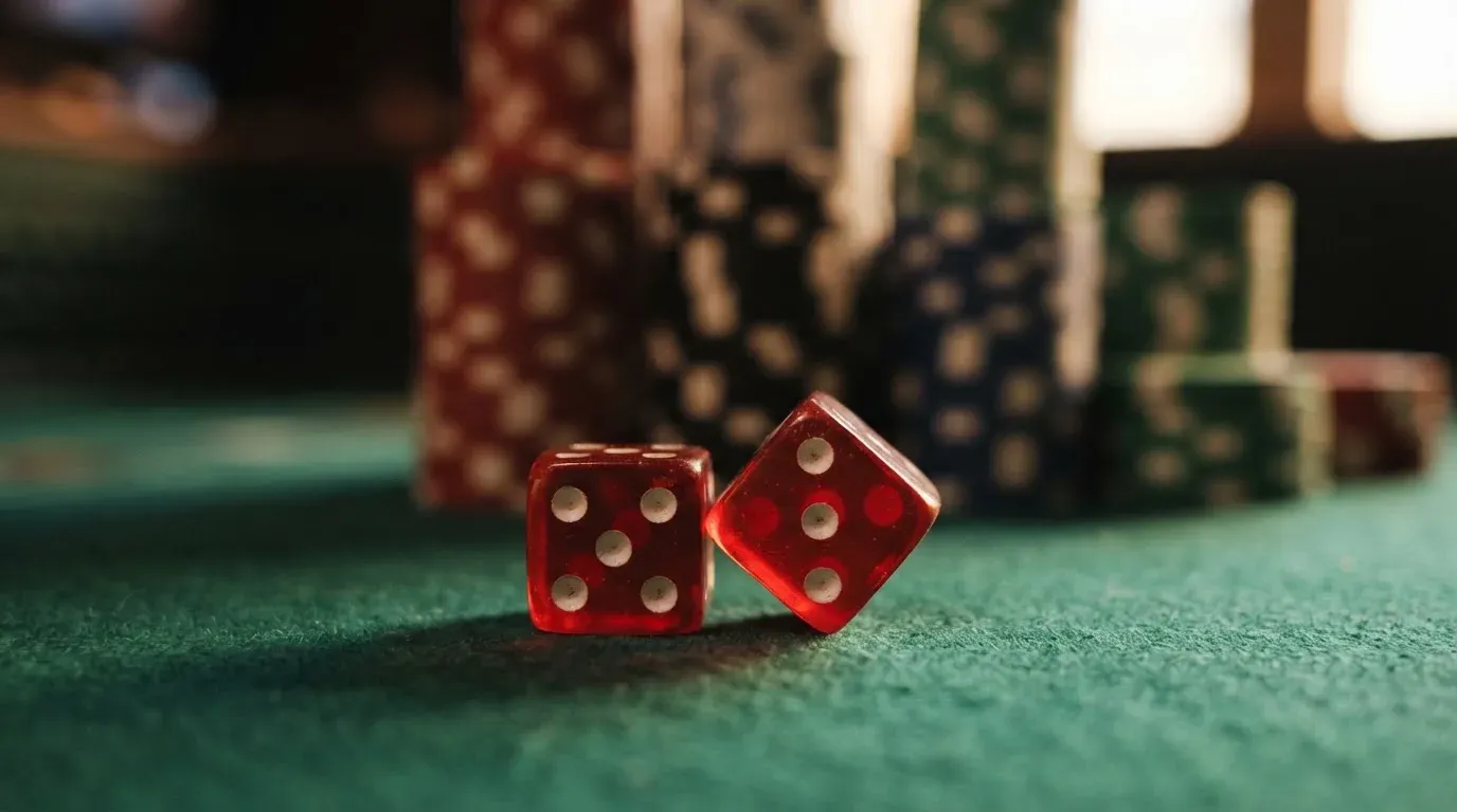 Röda tärningar vilar på grönt filt, bakom dem suddiga torn av spelmarker i kvällsdunklet — casino guider för svenskar