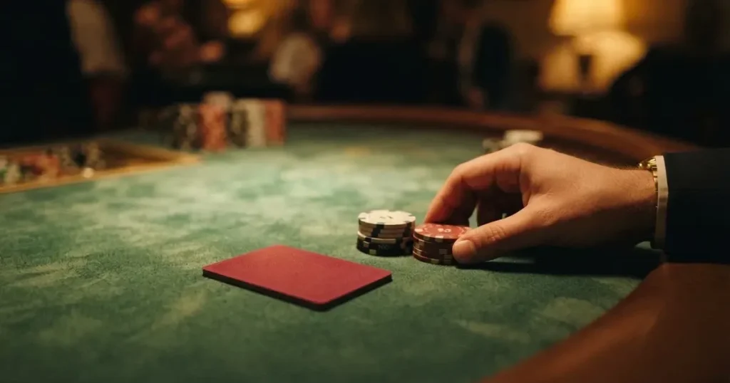 Kort delade med framsidan nedåt på grönt filt, marker väntar bredvid i varmt ljus — casino guider för svenskar