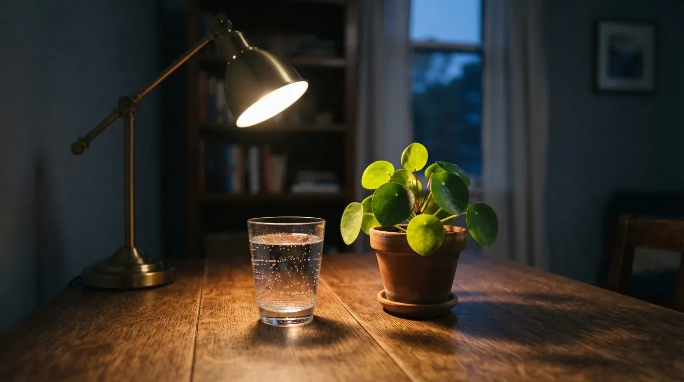 En skrivbordslampa lyser upp ett vattenglas och en kruka, rummet bakom mörknar sakta — casinon för riktiga pengar