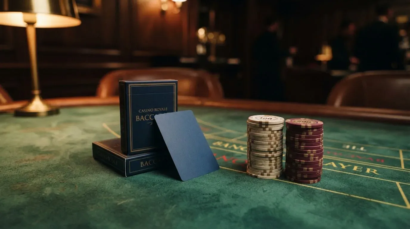Kortlek och staplar av spelmarker på ett grönt filtbord i en dunkel salong, varmt lampsken — casinon med baccarat i sverige