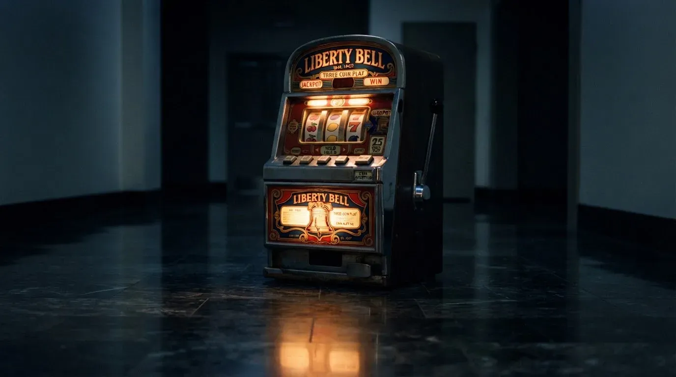 En gammal spelautomat lyser i den dunkla hallen och speglar sig i golvet — casinon med bankid i sverige