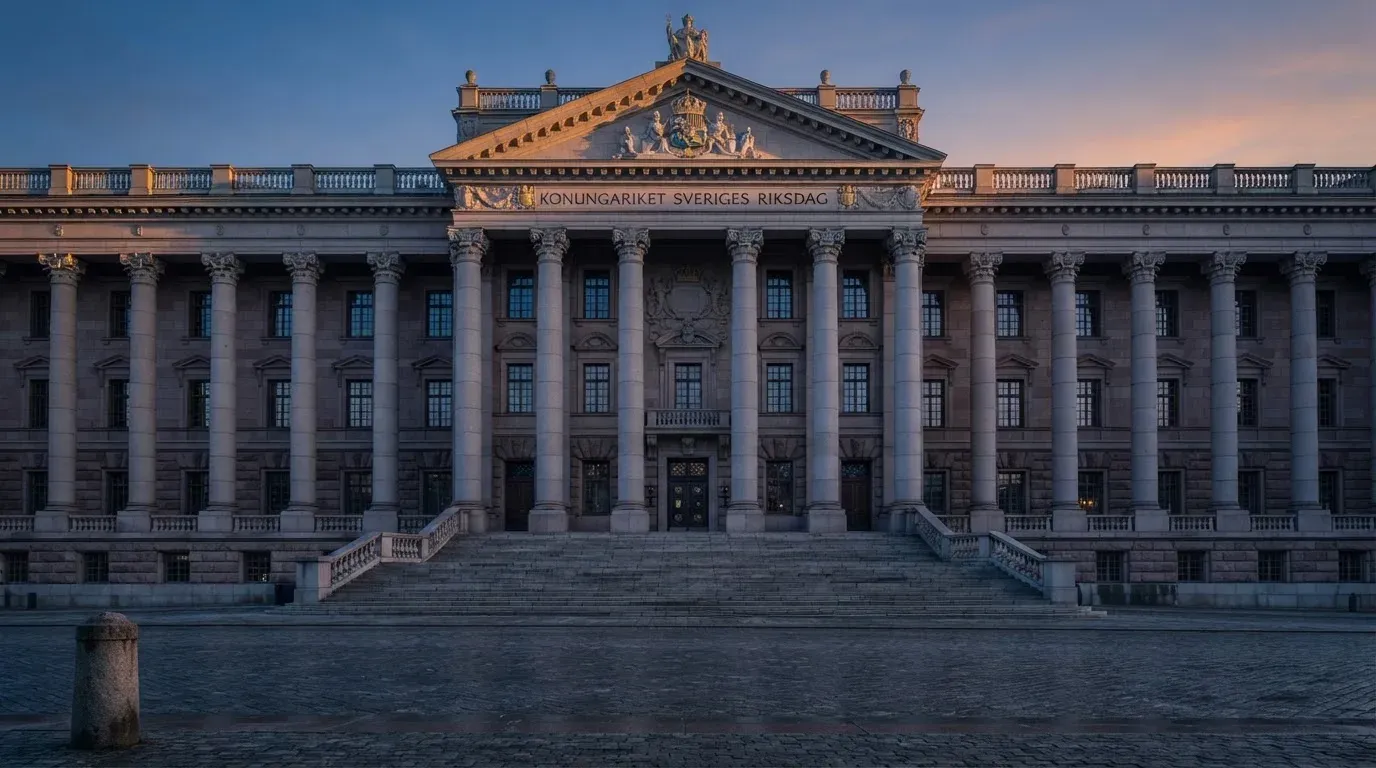 Stenfasad på en statlig byggnad i Stockholm vid gryning, höga pelare och ett tomt torg framför — casinon med bankid i sverige