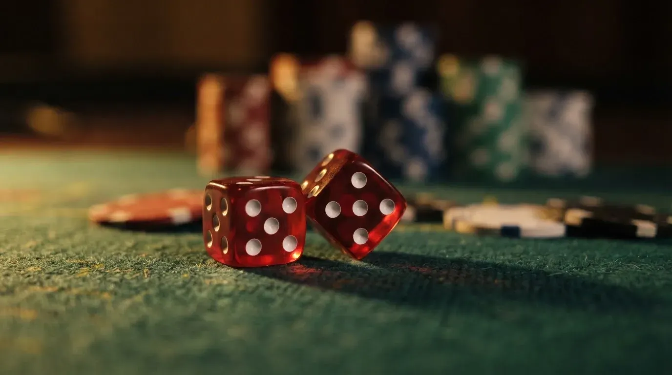 Röda tärningar vilar på grönt filt, bakom dem suddiga torn av spelmarker i kvällsdunklet — casinon med bingo i sverige