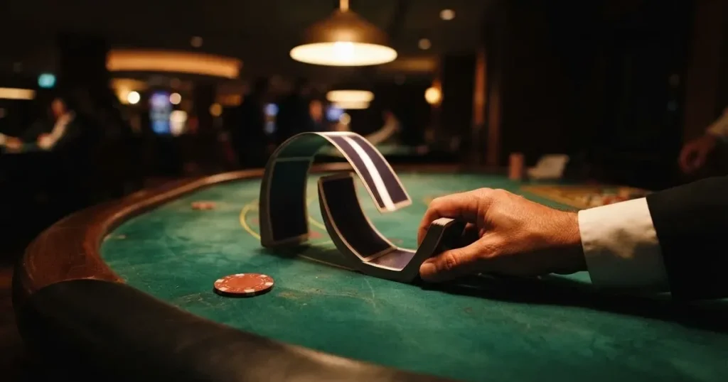 Croupierens händer blandar kort på grönt filt, taklampan speglas i den blanka kortbunten — casinon med bingo i sverige
