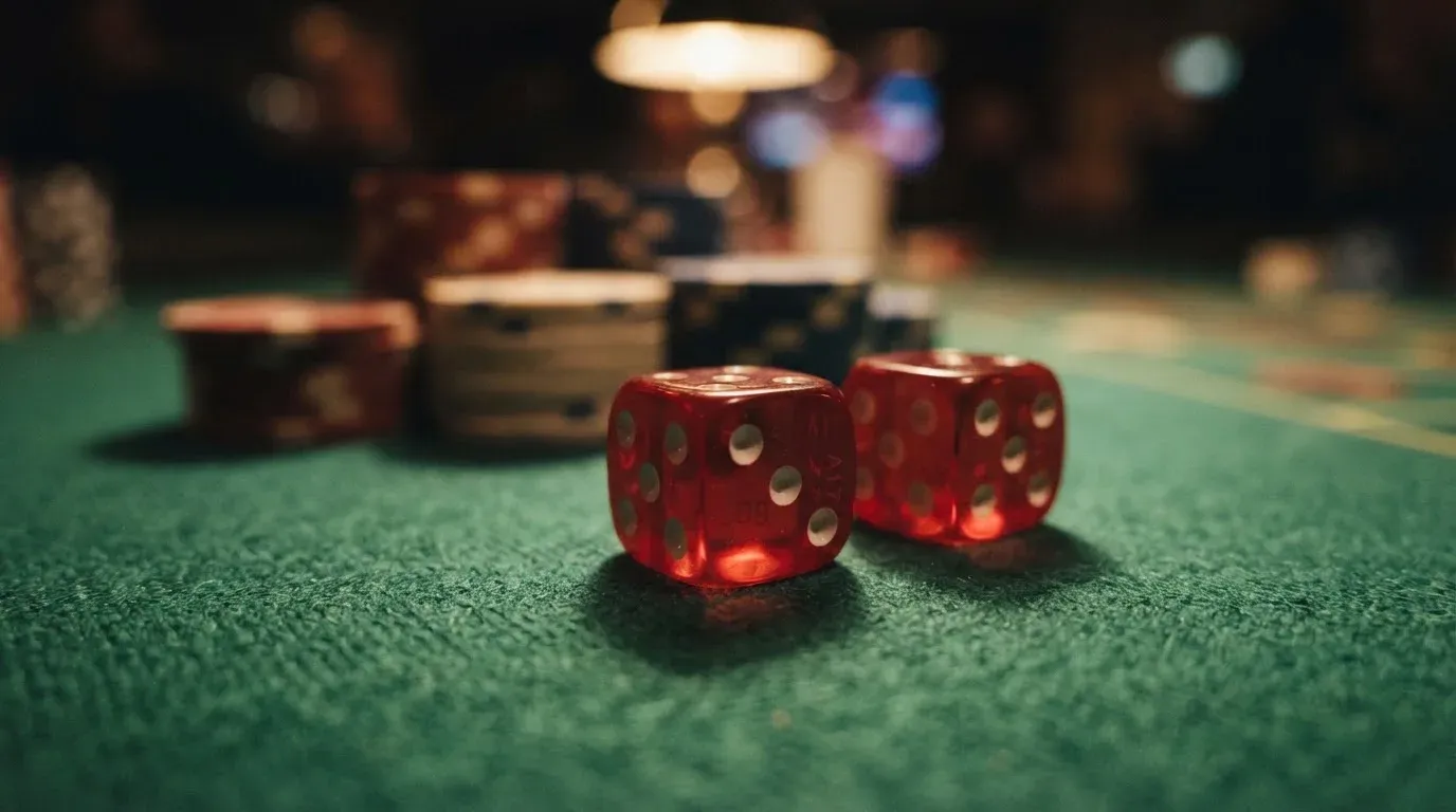 Röda tärningar vilar på grönt filt, bakom dem suddiga torn av spelmarker i kvällsdunklet — casinon med craps i sverige
