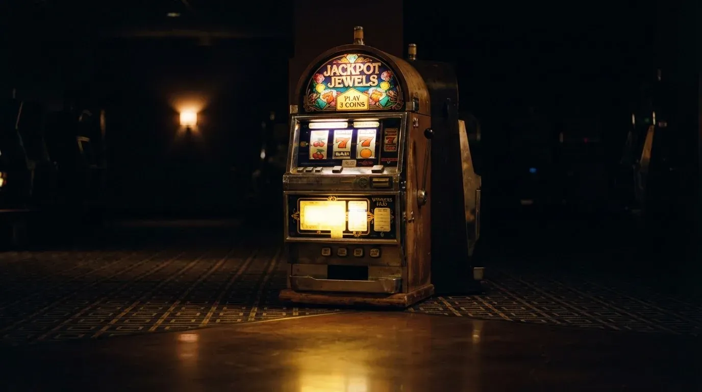 En gammal spelautomat lyser i den dunkla hallen och speglar sig i golvet — casinon med curaçao licens