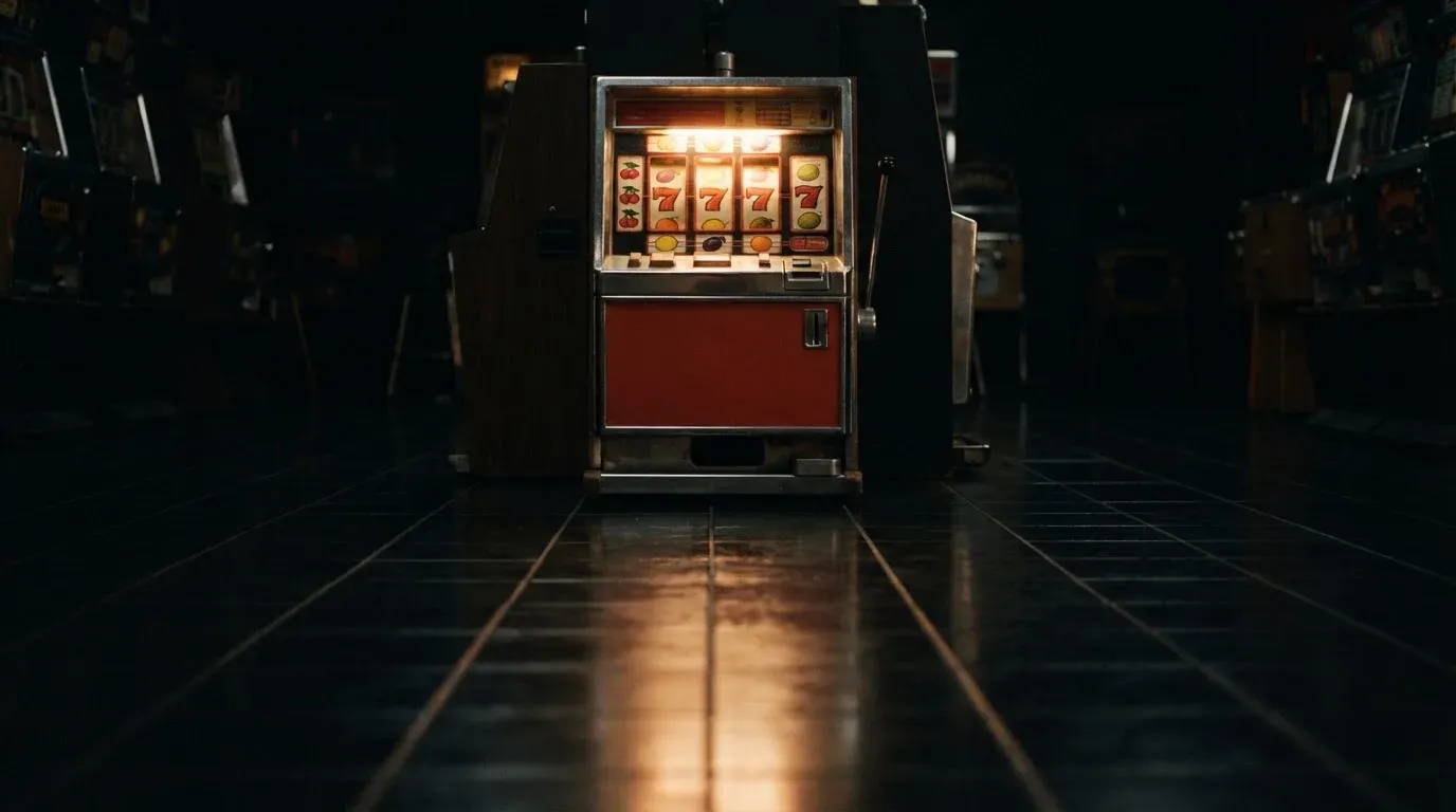 En gammal spelautomat lyser i den dunkla hallen och speglar sig i golvet — casinon med gratis spins i sverige