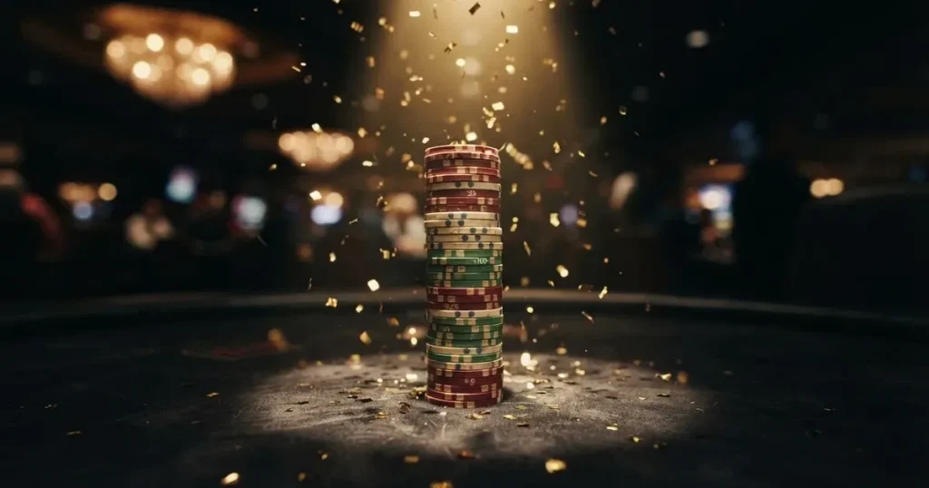 Guldkonfetti faller över spelmarker på ett svart bord, en ljuskägla träffar högens topp — casinon med gratissnurr
