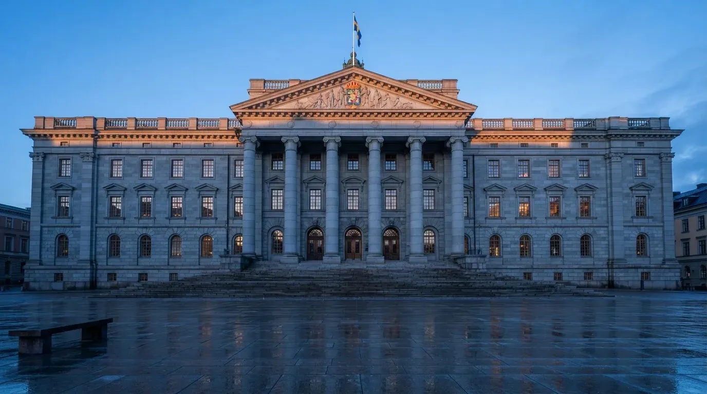 Stenfasad på en statlig byggnad i Stockholm vid gryning, höga pelare och ett tomt torg framför — casinon med gratissnurr