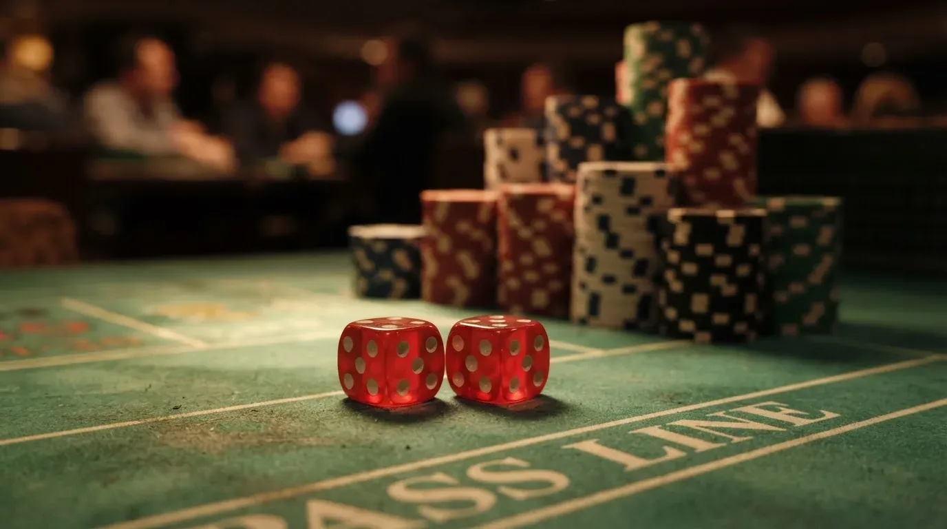 Röda tärningar vilar på grönt filt, bakom dem suddiga torn av spelmarker i kvällsdunklet — casinon med jackpot i sverige