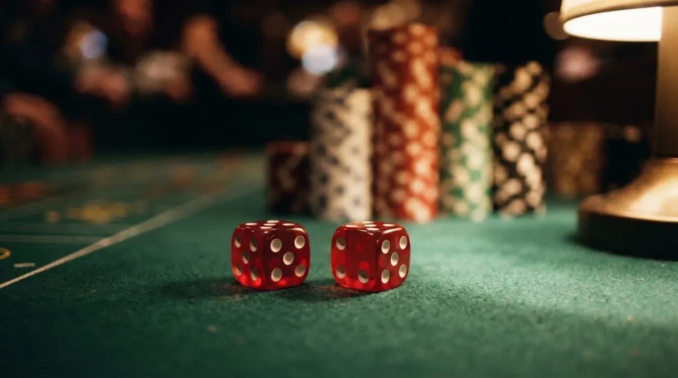 Röda tärningar vilar på grönt filt, bakom dem suddiga torn av spelmarker i kvällsdunklet — casinon med låg insättning