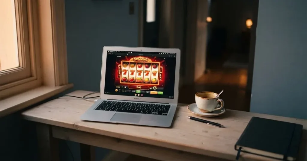 Kaffekopp och penna på ett smalt hallbord i skymning, en stängd bärbar dator vid sidan — casinon med låg insättning